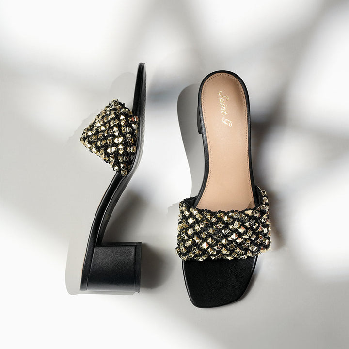 Low block heel shoes black stud embellished mule – lifestyle shot