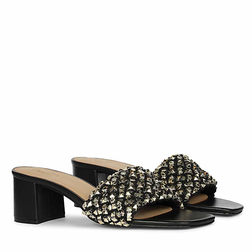 Black low block heels for women gold stud mule – pair angle view