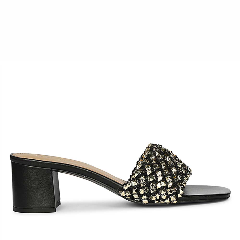 Black low block heels for women stud embellished mule – side view