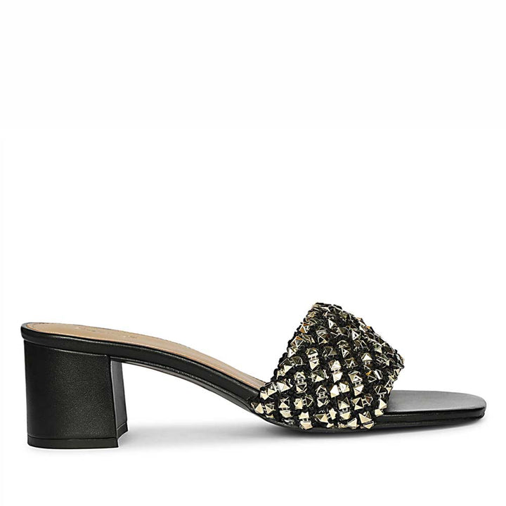 Black low block heels for women stud embellished mule – side view