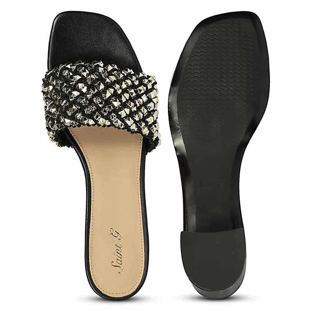 Low block heels for women black stud mule sole detail – sole view