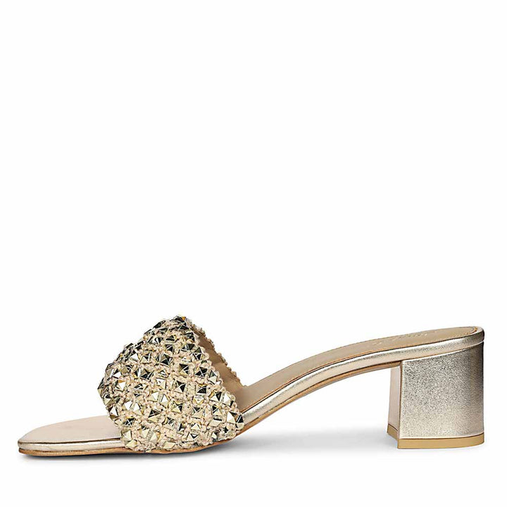 Low block heel mules gold leather stud embellished – angle view