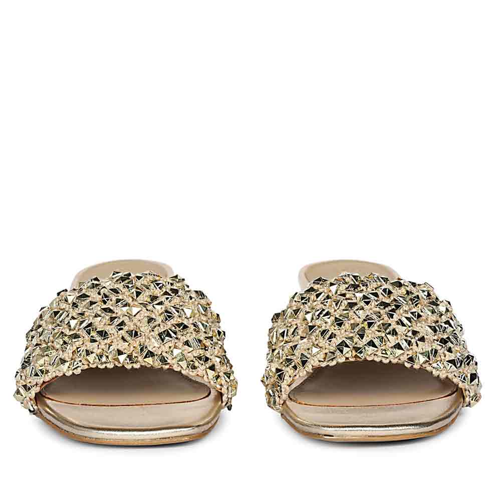 Gold low block heels stud mule sole detail – front view