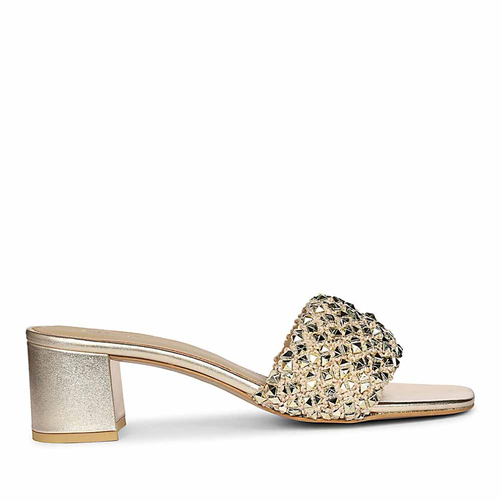 Gold low block heels for women stud embellished mule – side view