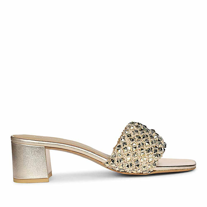 Gold low block heels for women stud embellished mule – side view