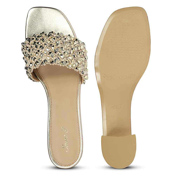 Low block heels for women gold stud mule branded insole – top view