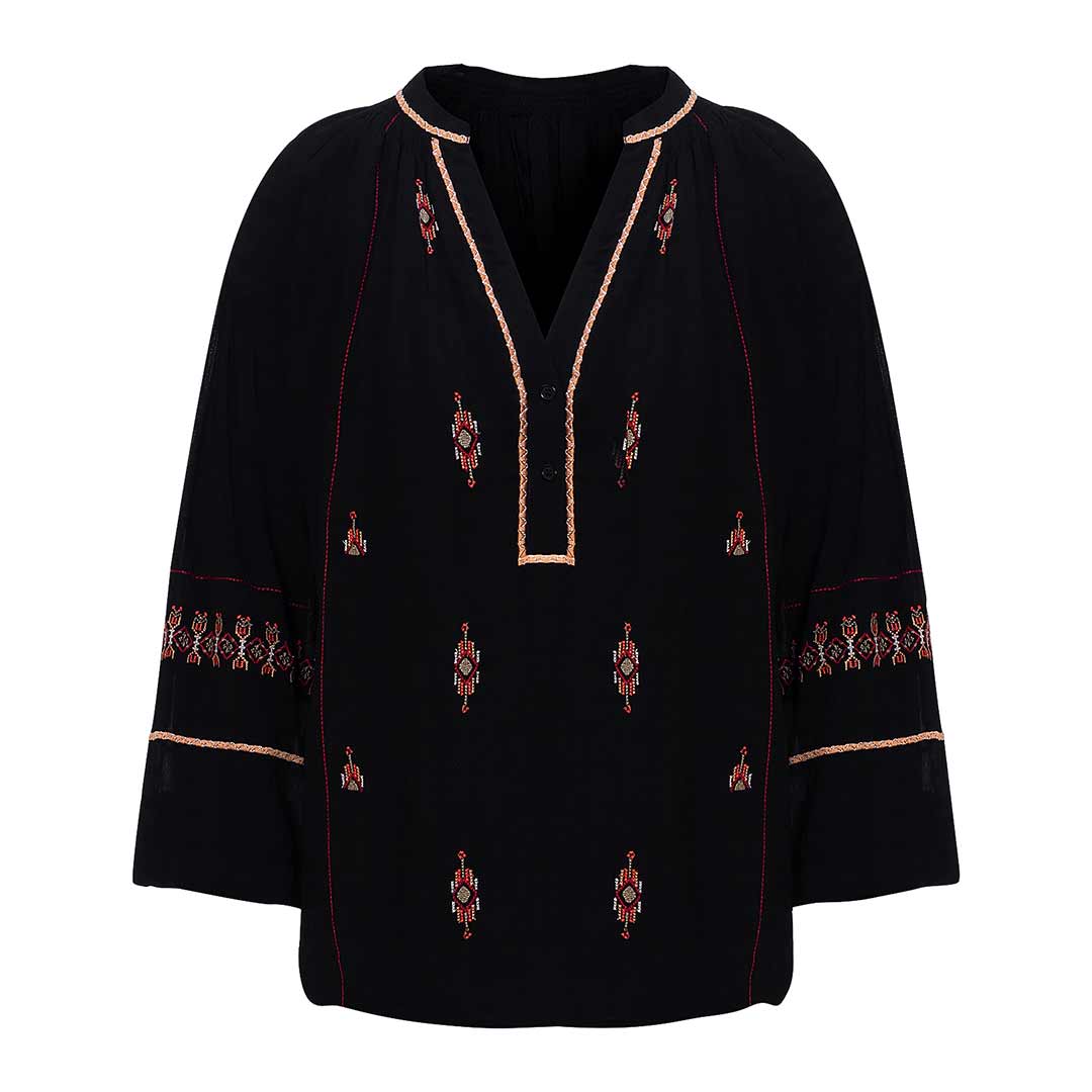 Black viscose top with embroidered diamond motifs and gold trim, shown flat.