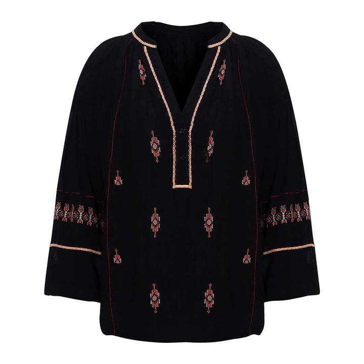 Black viscose top with embroidered diamond motifs and gold trim, shown flat.