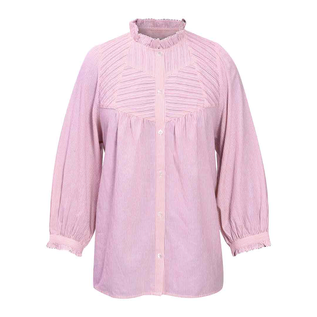 Soft pink yarn-dyed striped cotton top with a ruffled collar, shown flat.