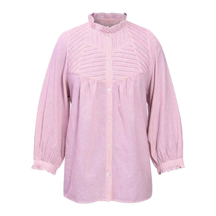 Soft pink yarn-dyed striped cotton top with a ruffled collar, shown flat.