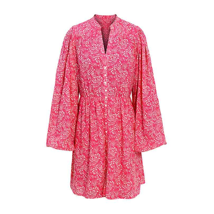 Pink-coral ditsy floral-print short dress with long sleeves, shown flat.