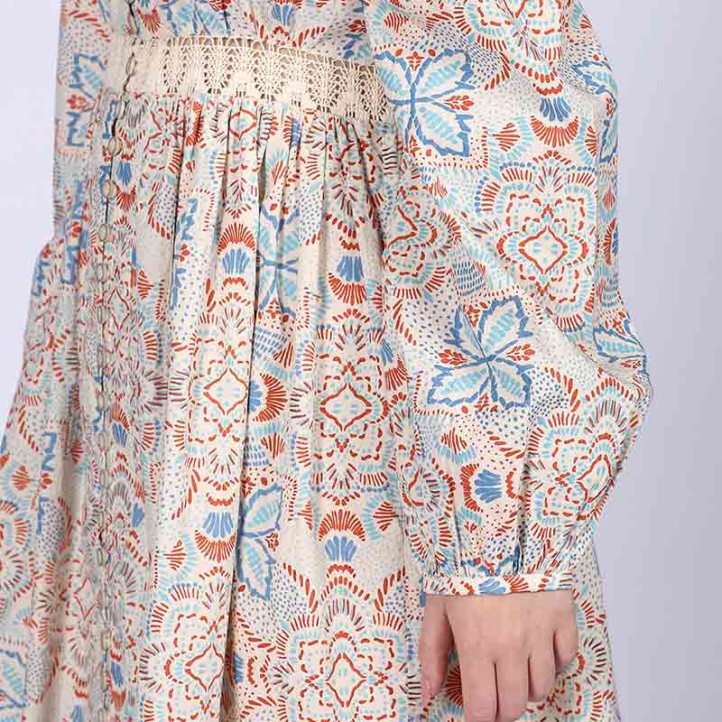 Detail shot of the print on an ivory multicolour cotton poplin dress.