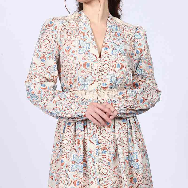 Additional detail shot of an ivory multicolour cotton poplin dress.