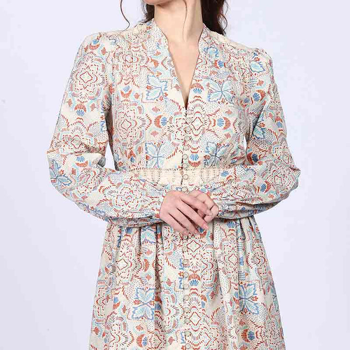 Additional detail shot of an ivory multicolour cotton poplin dress.