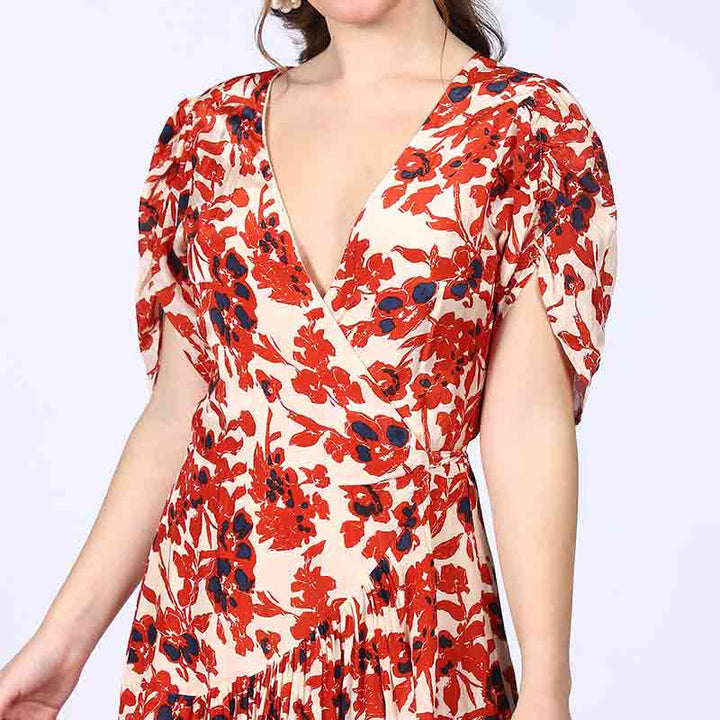 Further detail shot showing the neckline construction of an ivory red viscose dress.