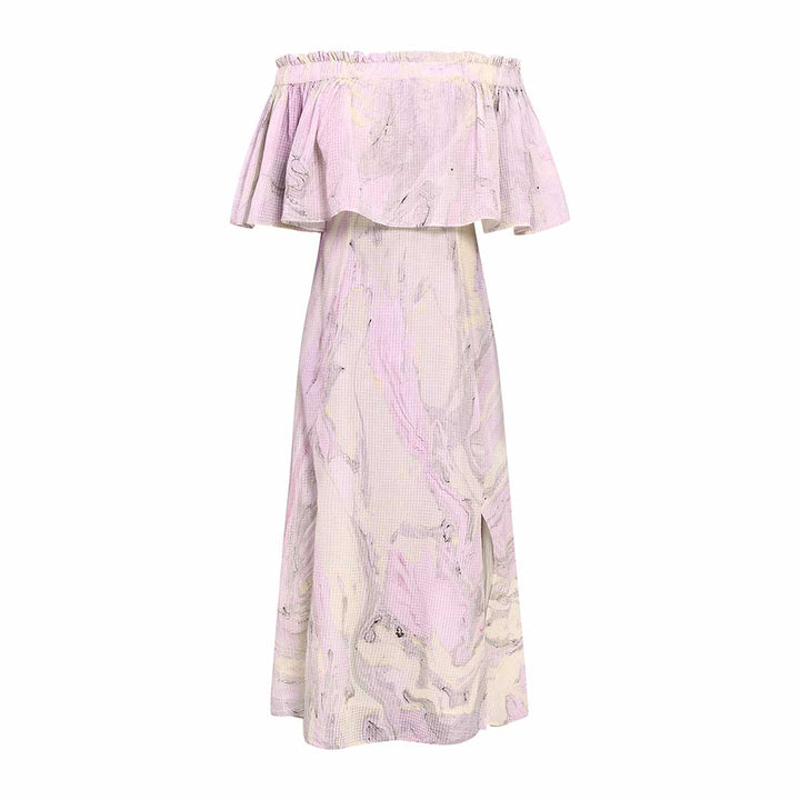 Woman wearing a lilac marbled-print off-shoulder midi dress.