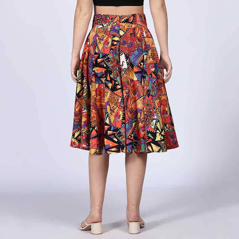 Multicolour abstract-print pleated skirt, shown flat.