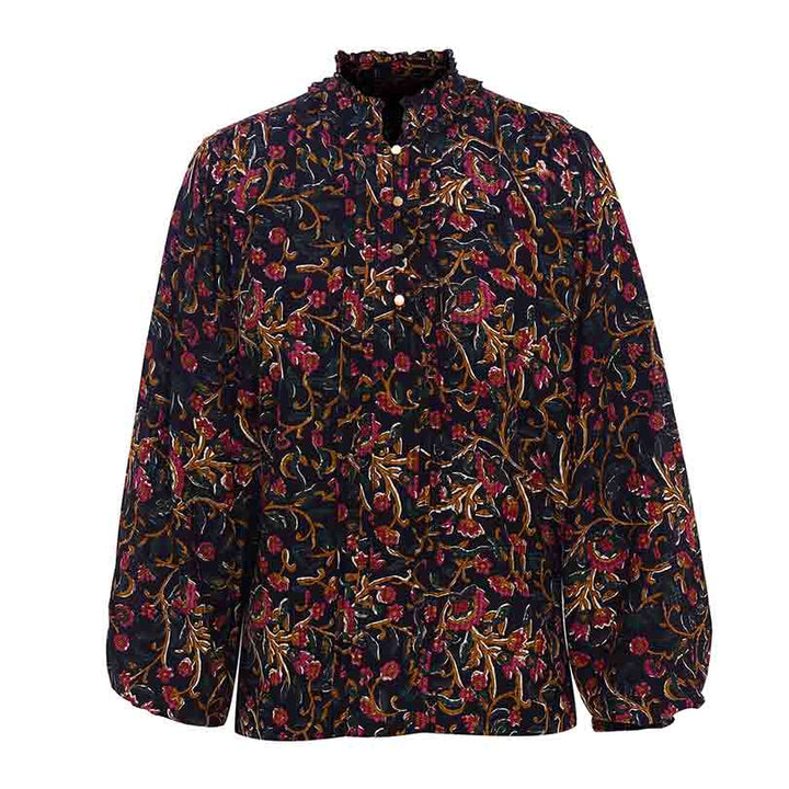 Onyx-black cotton top with a multicolour floral print and a ruffled collar, shown flat.