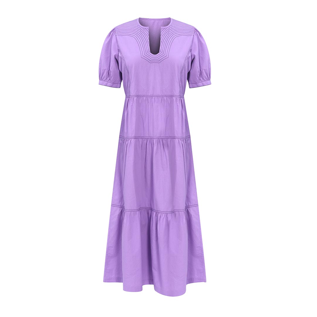 Solid purple/iris cotton tiered midi dress with short puff sleeves, shown flat.