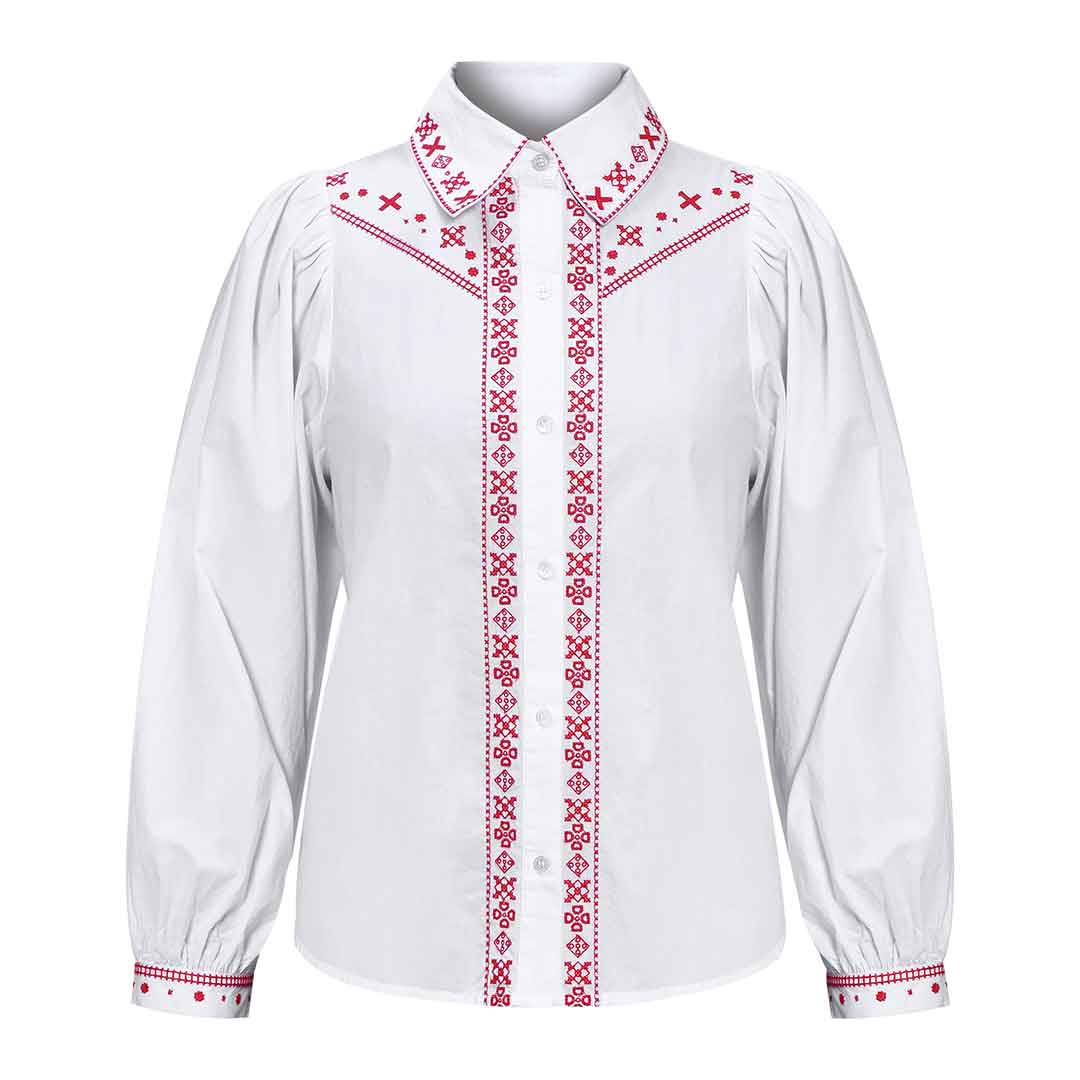 White cotton shirt with red cross-stitch embroidery on the collar, placket and cuffs, shown flat.