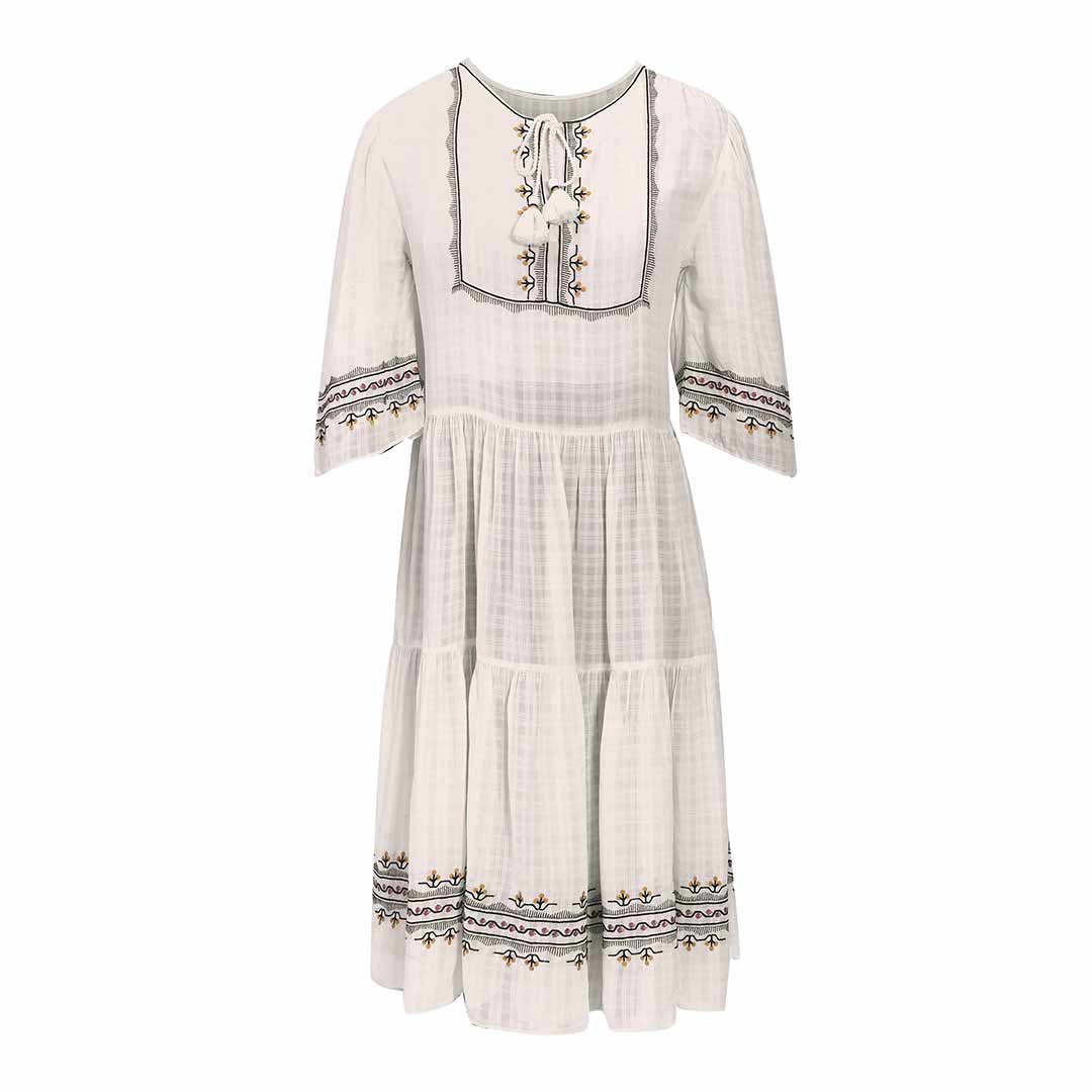 Saint Wynona white check dobby knee-length dress for women UK, shown flat with embroidered bib front and tasselled tie-neck.