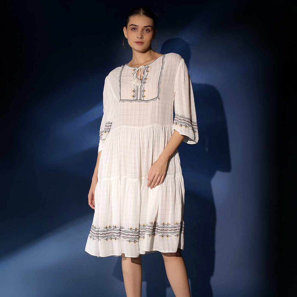 Women's white check dobby knee-length dress by Saint Wynona, front view.