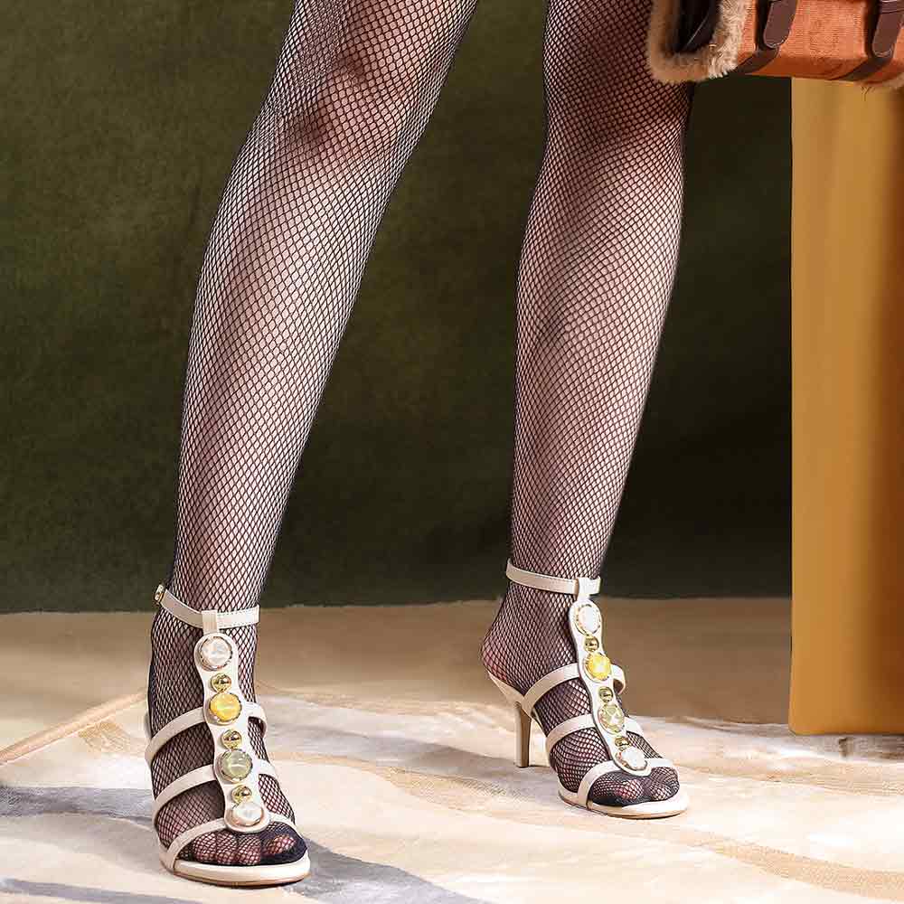 Saint Xiomara Gem T-Strap Off White Leather Stilettos, lifestyle view