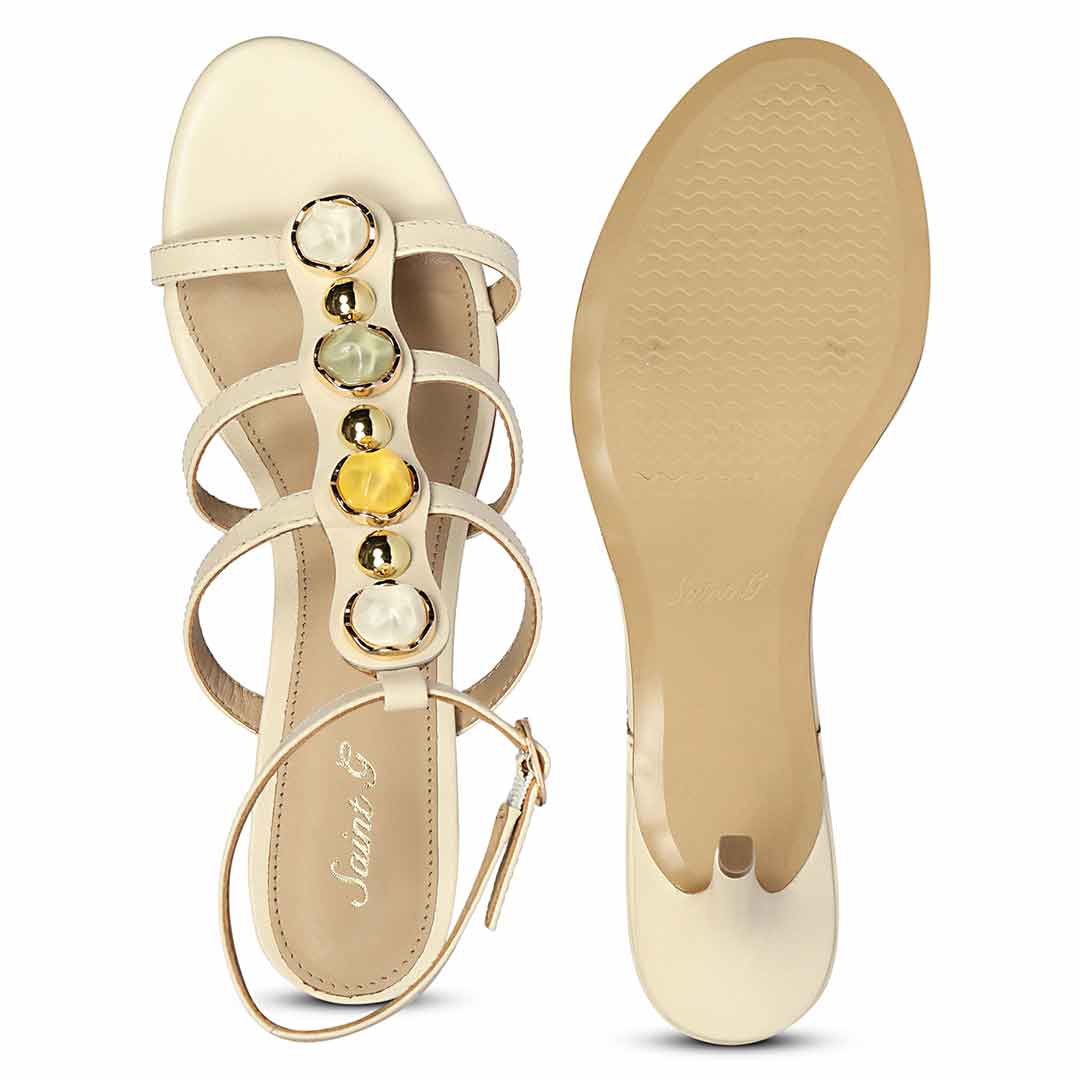 Saint Xiomara Gem T-Strap Off White Leather Stilettos, sole view