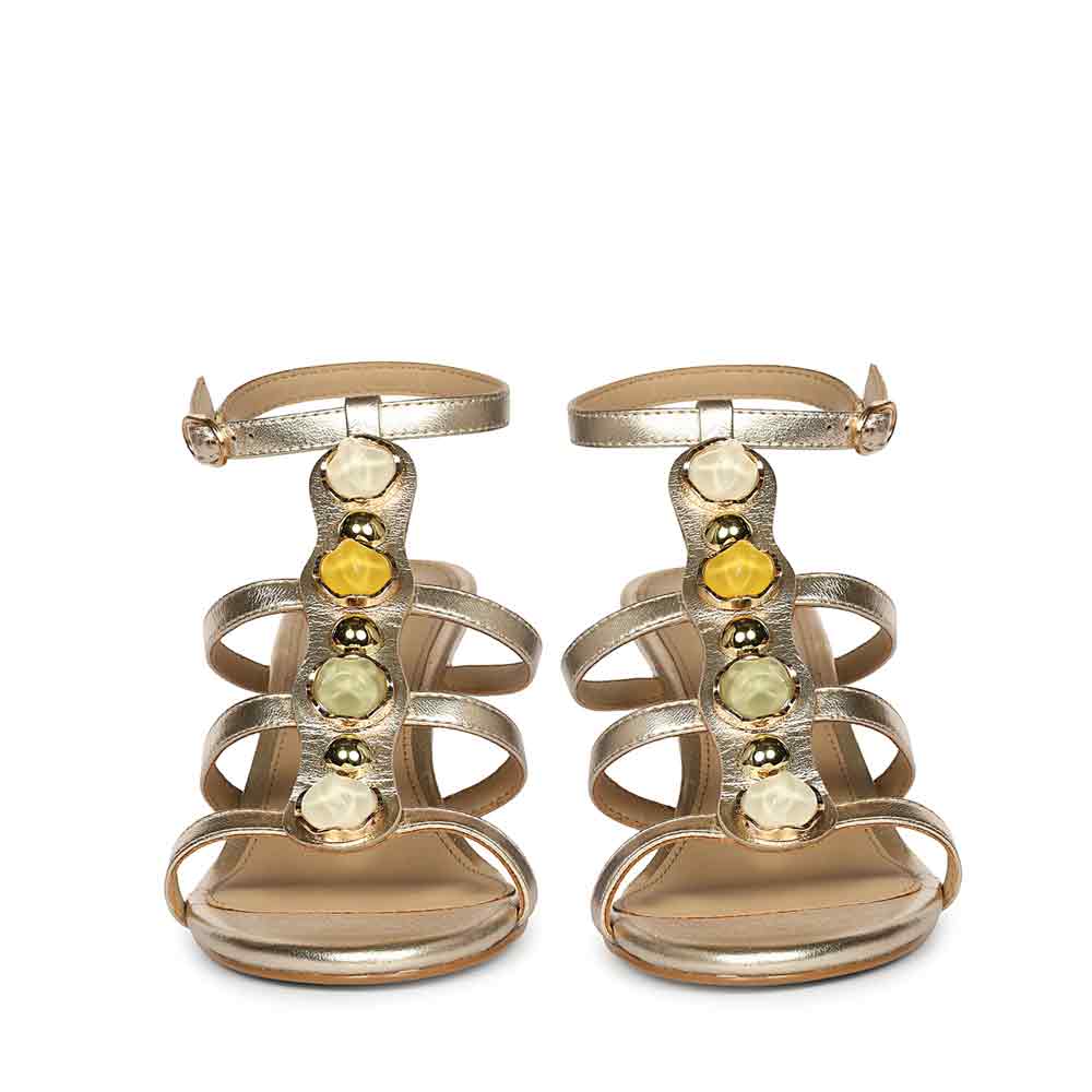 Saint Xiomara Gold Metallic Gem T-Strap Stiletto Heels, front pair view