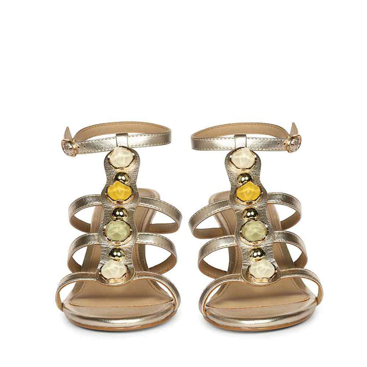 Saint Xiomara Gold Metallic Gem T-Strap Stiletto Heels, front pair view
