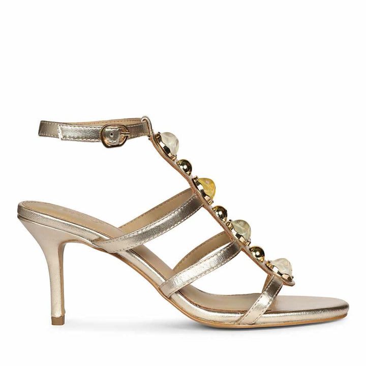 Saint Xiomara Gold Metallic Gem T-Strap Stiletto Heels, side view