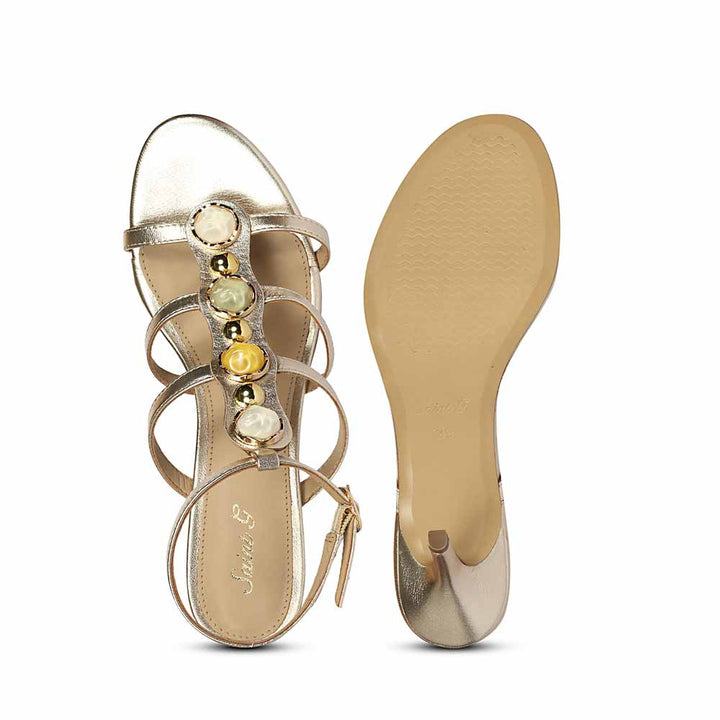 Saint Xiomara Gold Metallic Gem T-Strap Stiletto Heels for women, sole view
