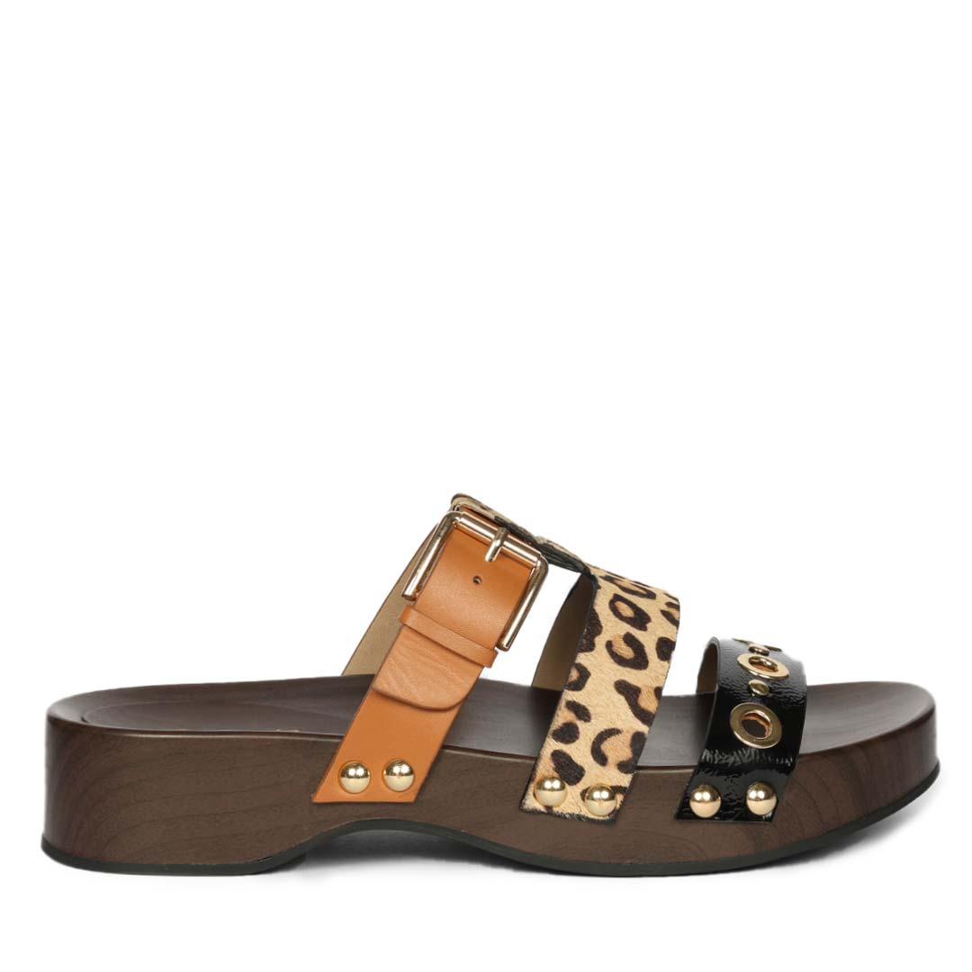 Brown sandal with leopard print strap Saint Avely leopard-print calf-hair platform sandal, wood base, main view on a white background