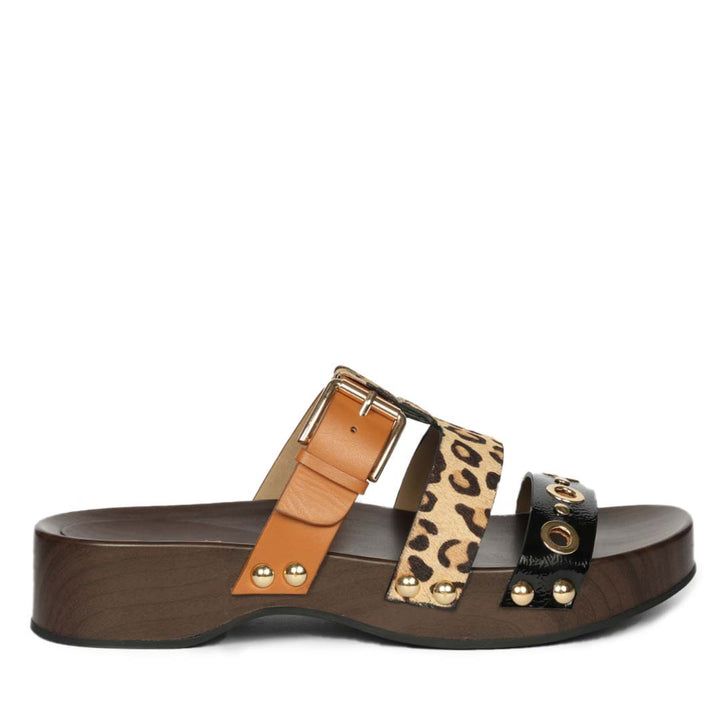 Brown sandal with leopard print strap Saint Avely leopard-print calf-hair platform sandal, wood base, main view on a white background