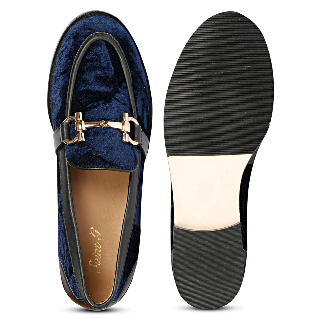 Best Saint Cinzia blue velvet moccasins, sole and top view — Women's Ladies shoes UK