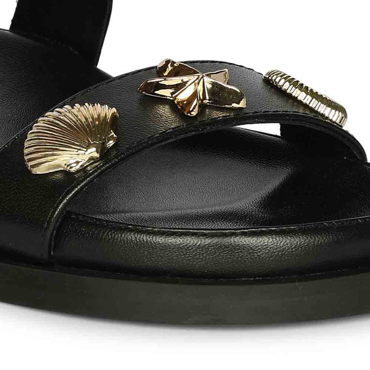 Saint Hallie black leather seashell-studded footbed sandal - detail