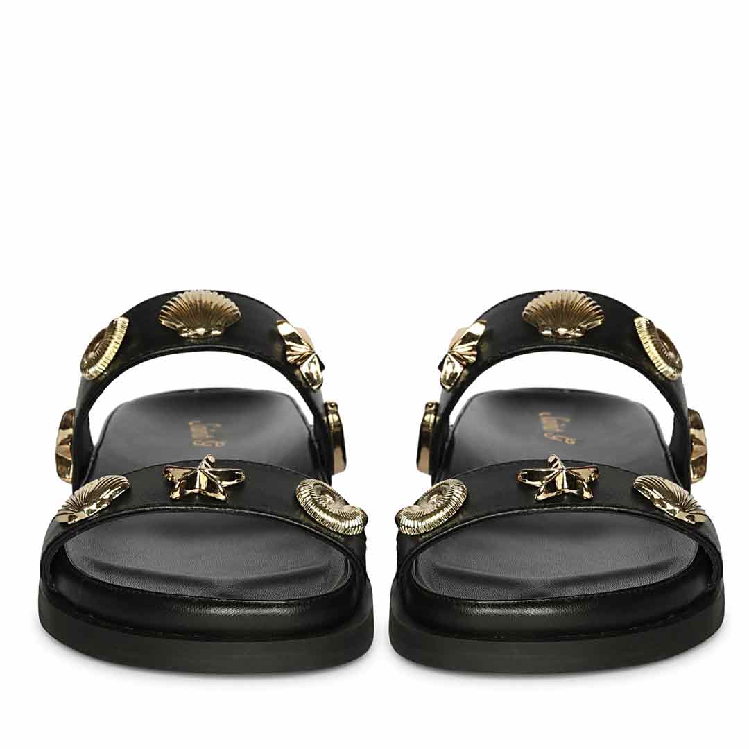 Saint Hallie black leather seashell-studded footbed sandals, front pair