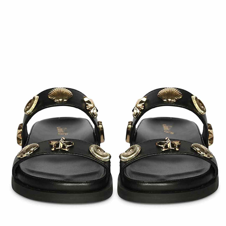 Saint Hallie black leather seashell-studded footbed sandals, front pair