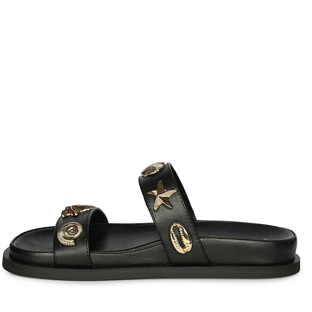Saint Hallie black leather double-strap footbed slide sandal, side view
