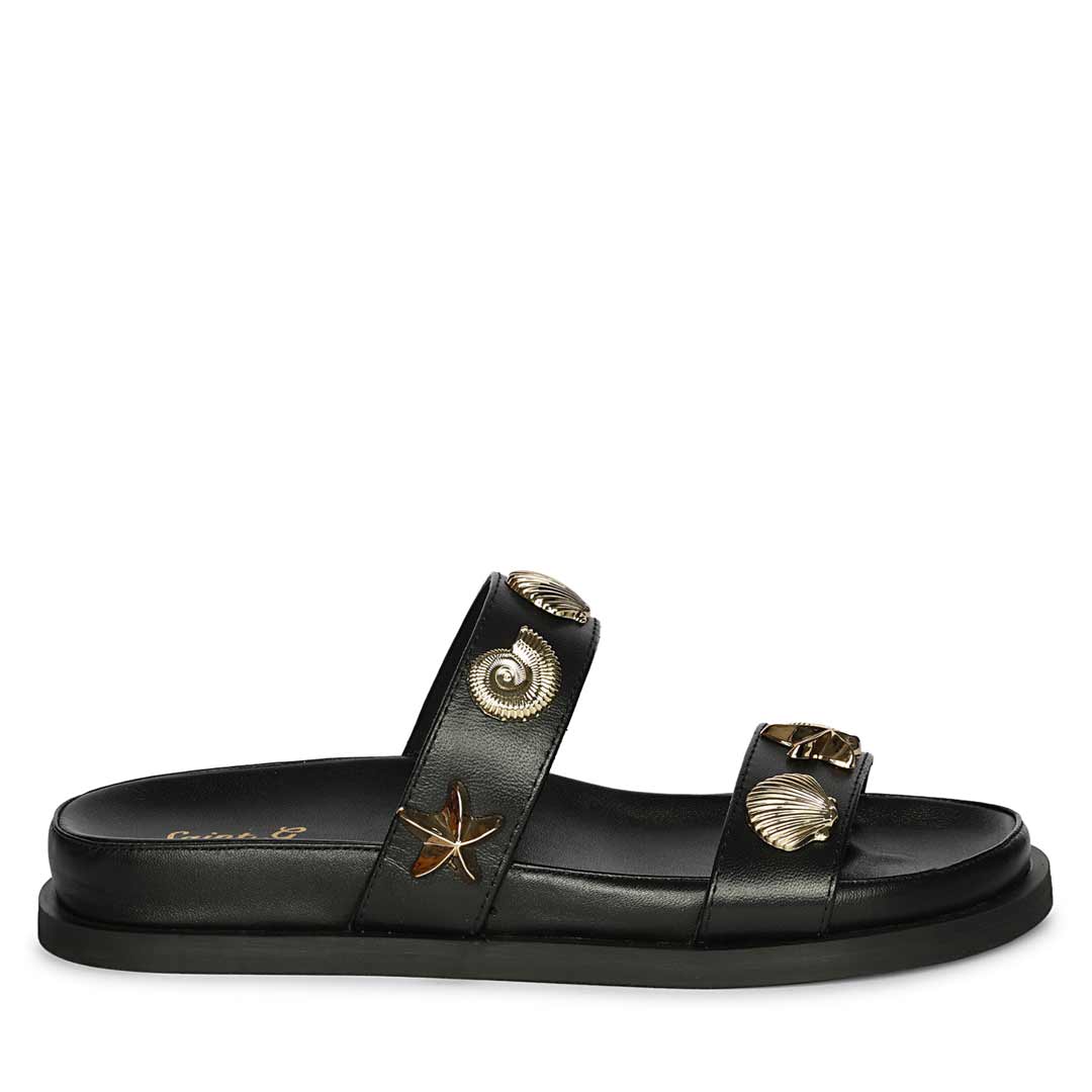 Saint Hallie black leather footbed sandal, gold seashell and starfish studs - side view