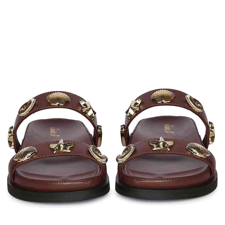 Saint Hallie brown leather seashell-studded footbed sandals, front pair