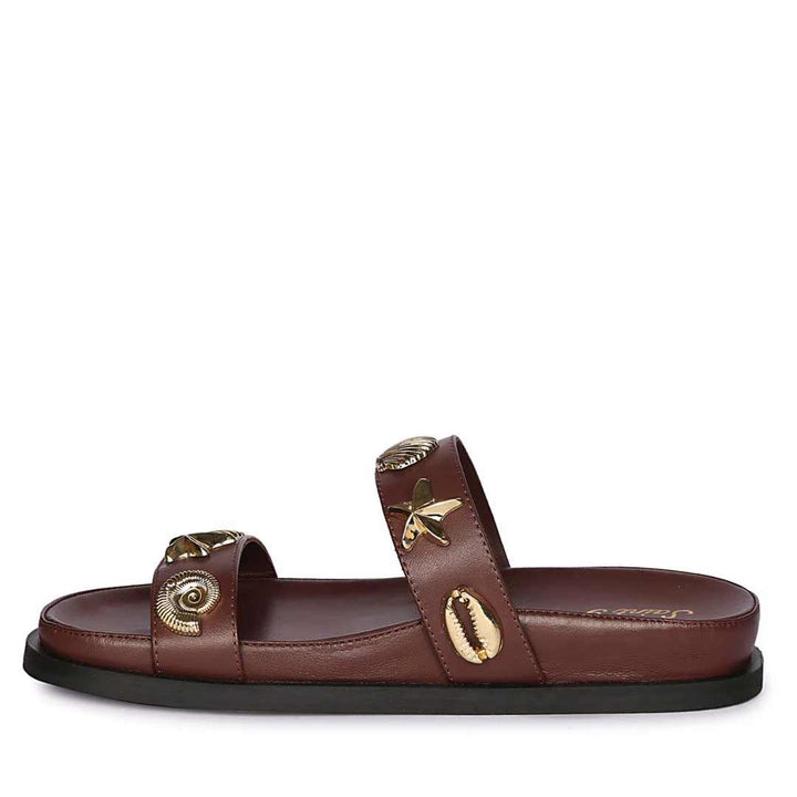 Saint Hallie brown leather double-strap footbed slide sandal, side view
