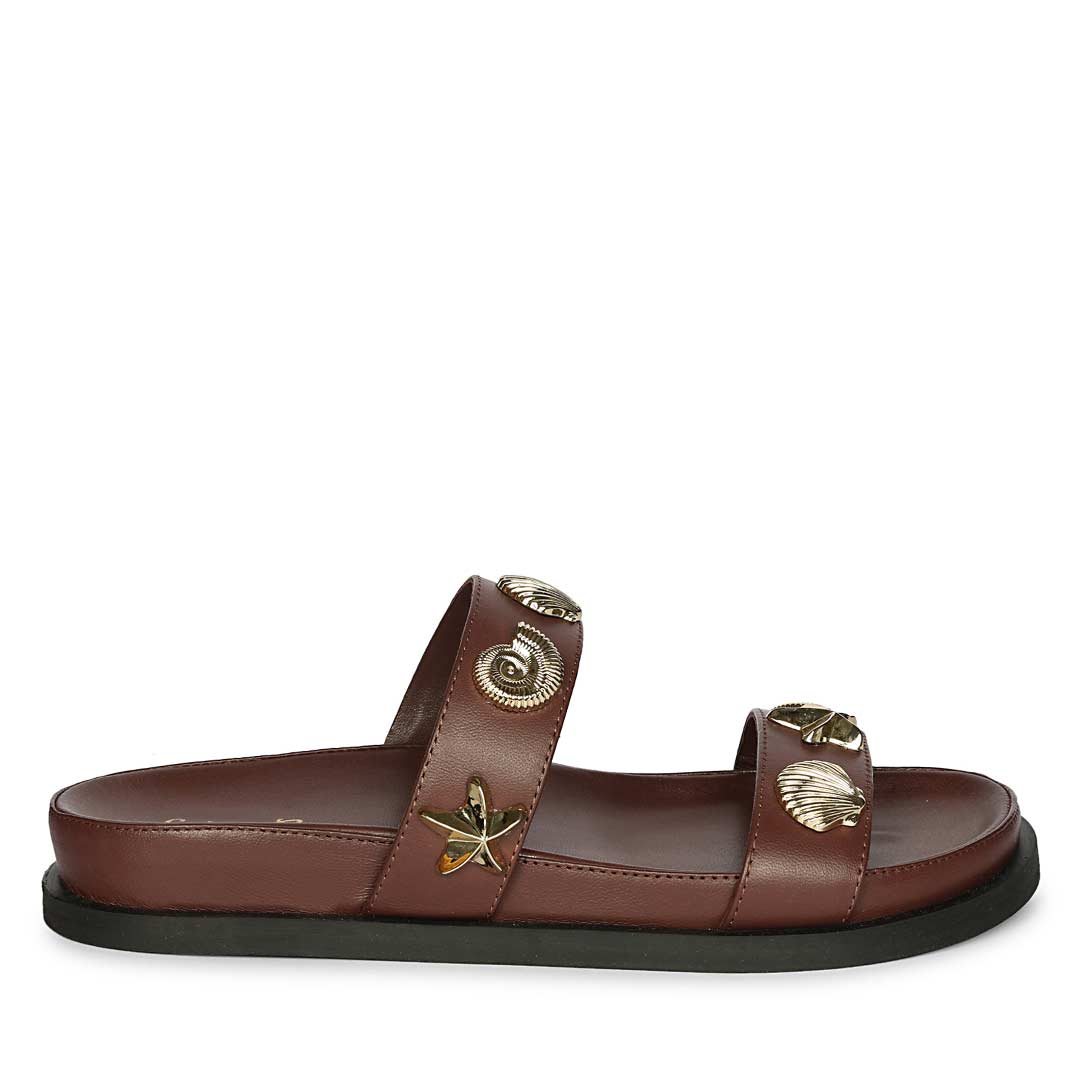 Saint Hallie brown leather footbed sandal, gold seashell and starfish studs, side view
