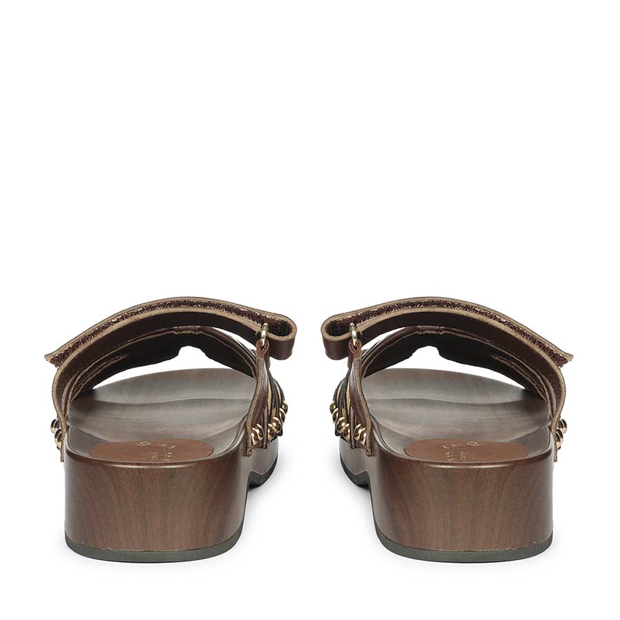 Pair of brown sandals on a white background - back