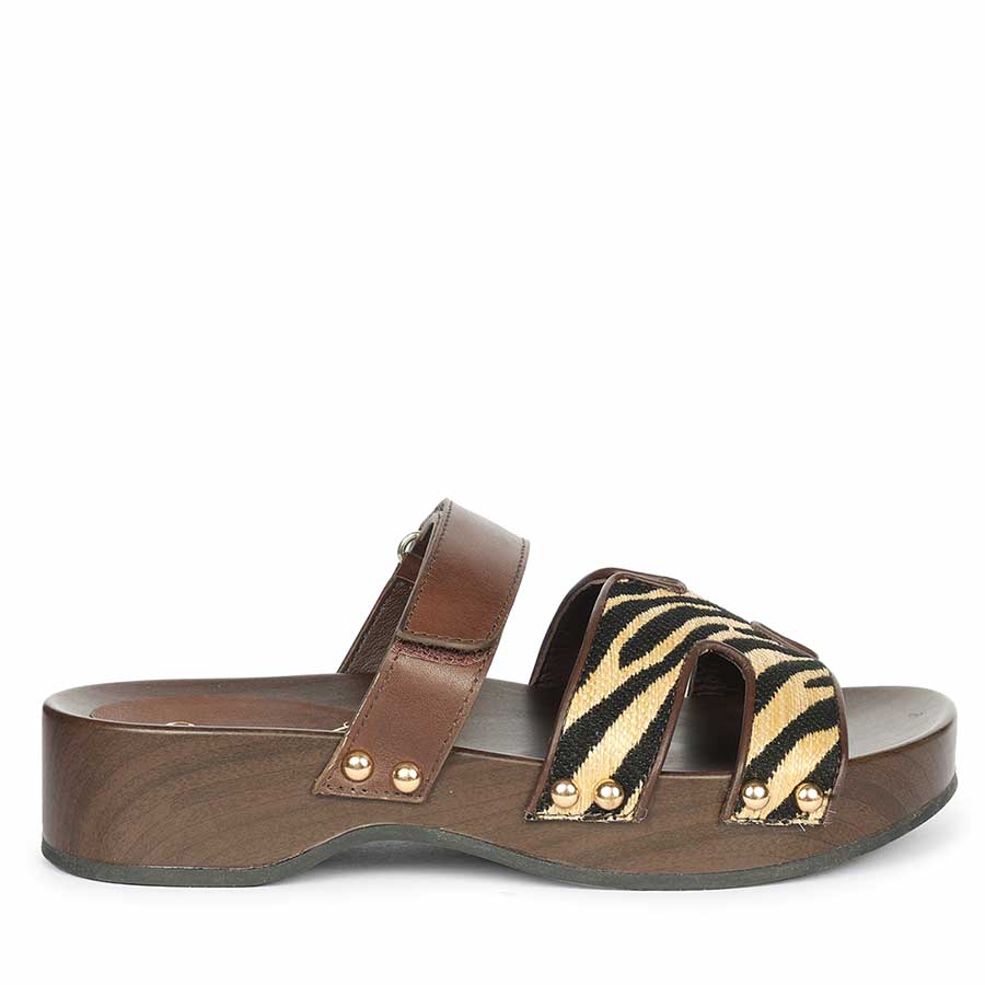 Saint Mikayla brown leather and zebra-print platform sandal, wood base