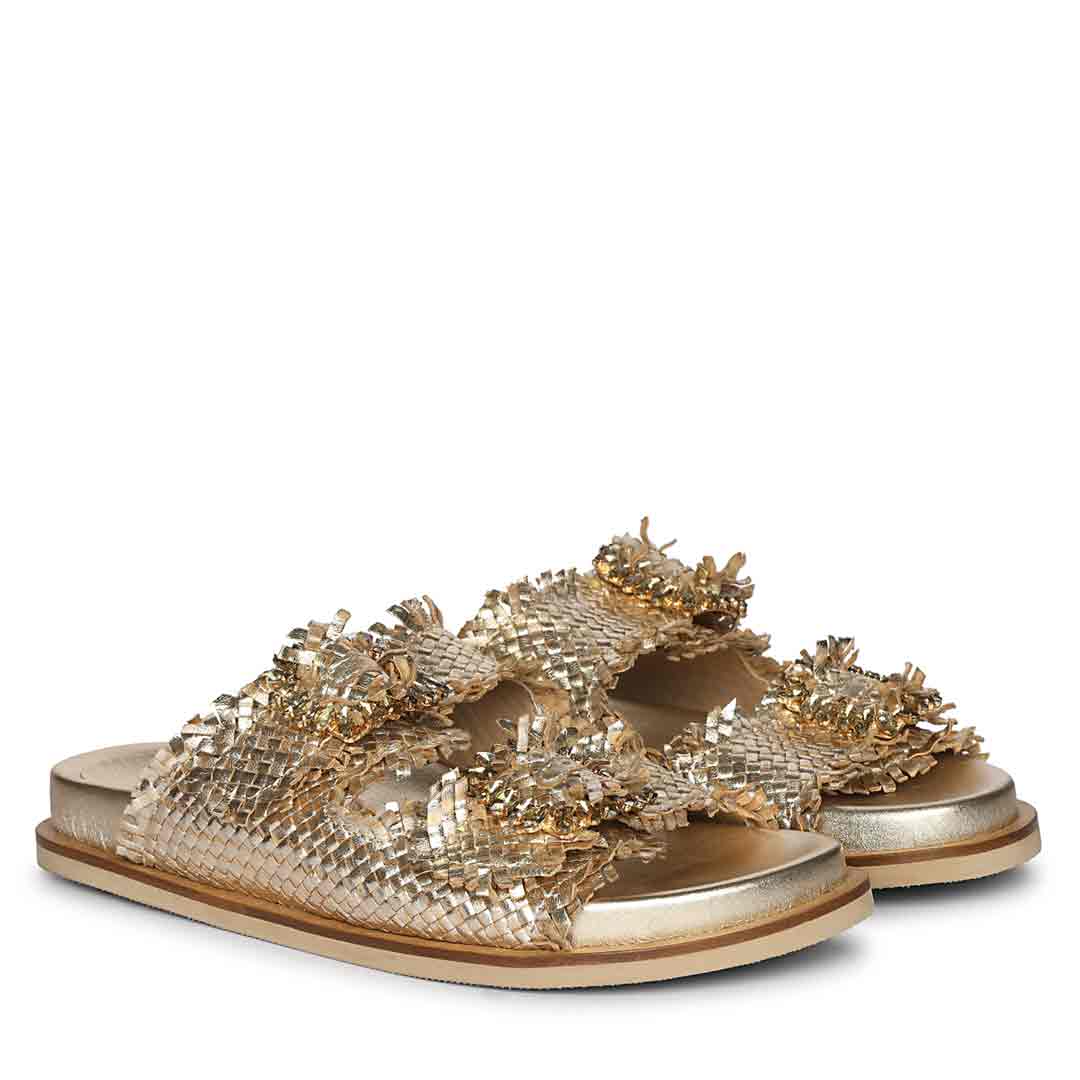 Saint Nuala gold woven leather footbed slide sandals - angled view