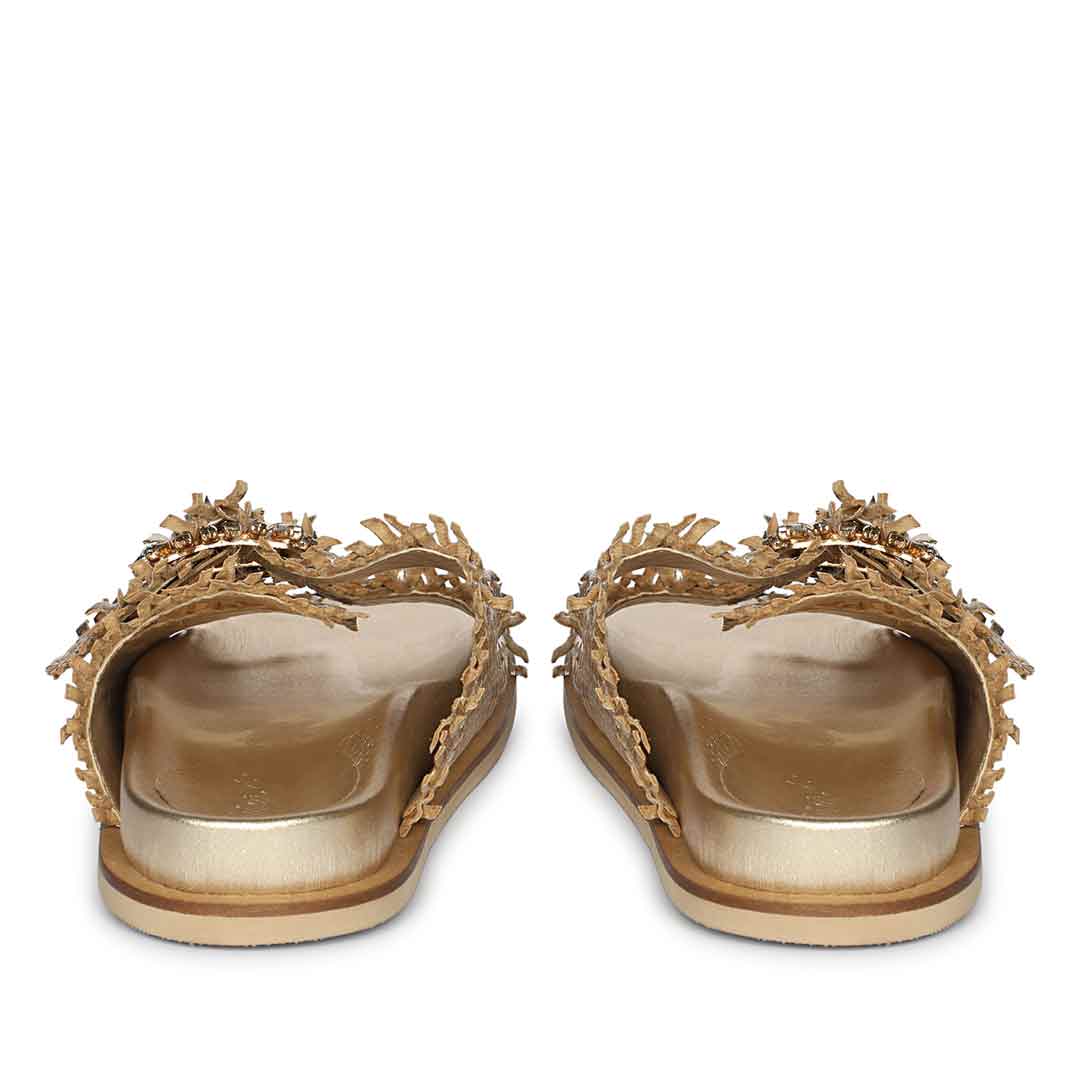 Saint Nuala gold woven leather footbed sandals, back heel view