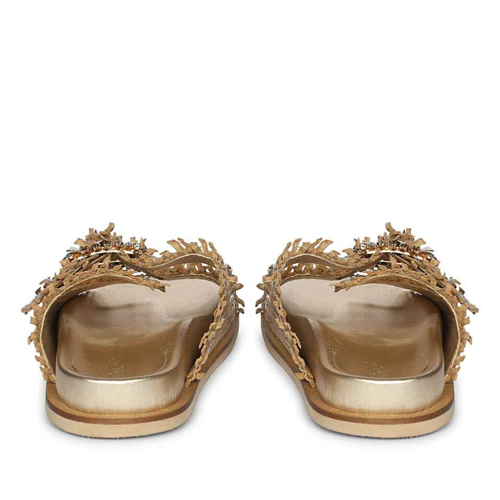 Saint Nuala gold woven leather footbed sandals, back heel view