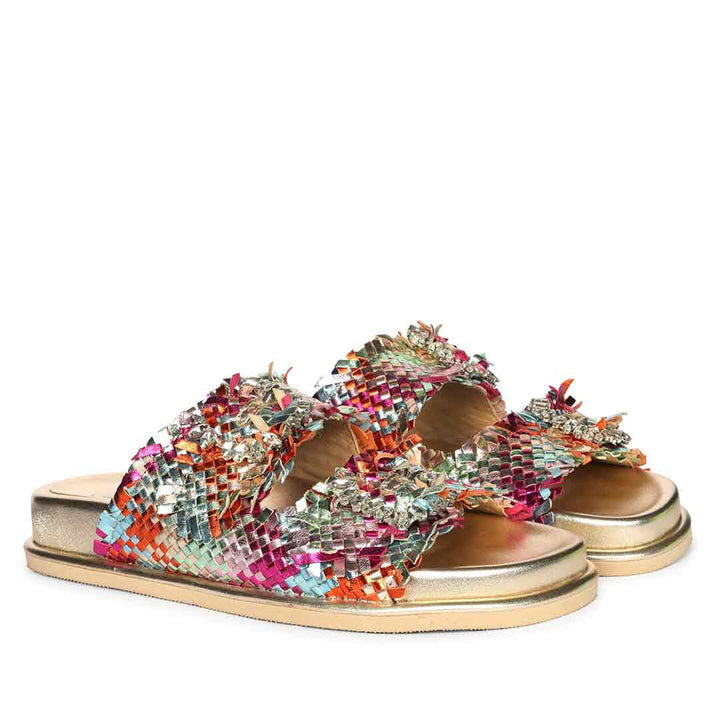 Multicolored woven footbed sandals with gold soles on a white background