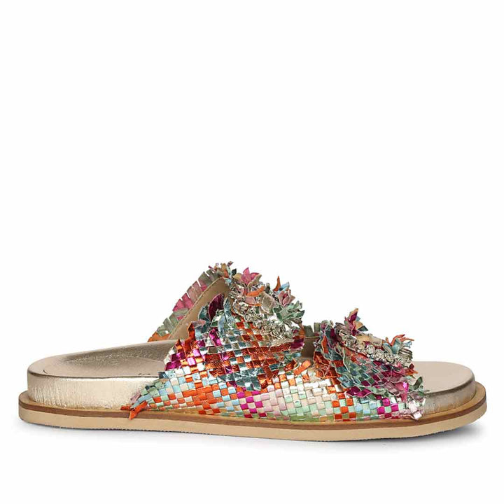 A pair of multicolored woven leather footbed sandals with diamante buckles and a flat sole.